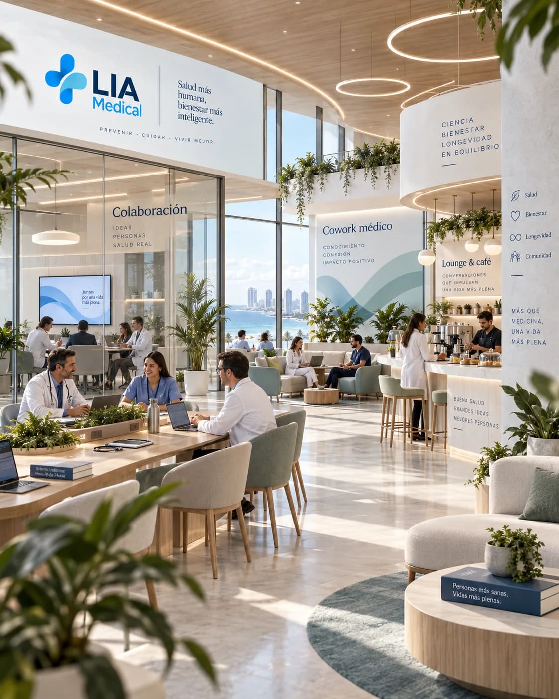 Espacio de cowork médico en LIA Medical con profesionales de la salud trabajando juntos