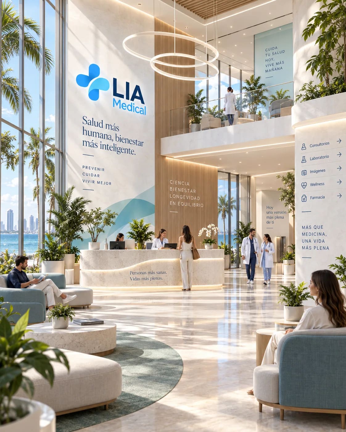 Recepción de LIA Medical frente al mar, con sala de espera luminosa y personal de salud